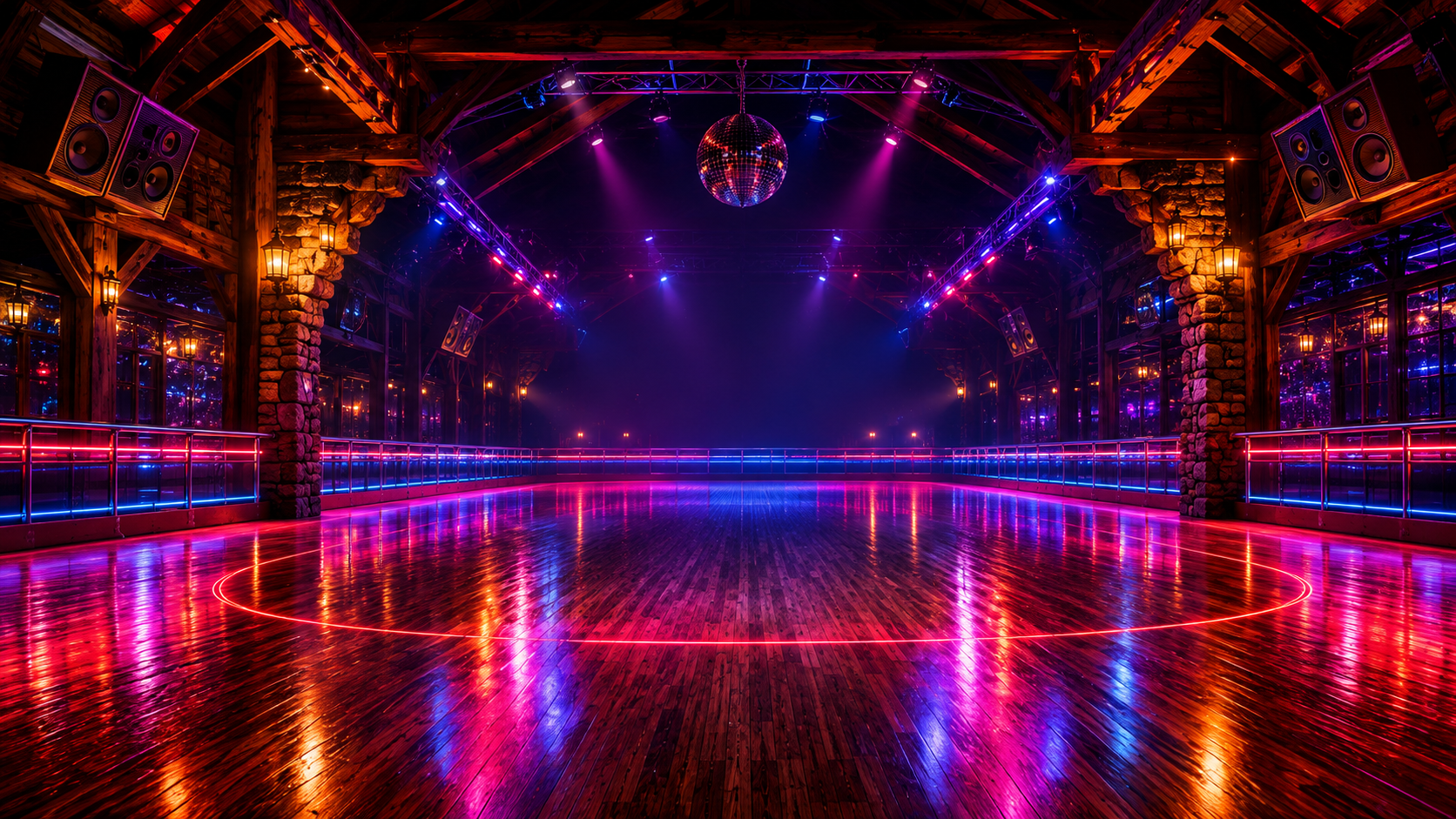 The Roller Room at Bear Claw Music Lodge, glowing with neon lights over a polished hardwood skating floor