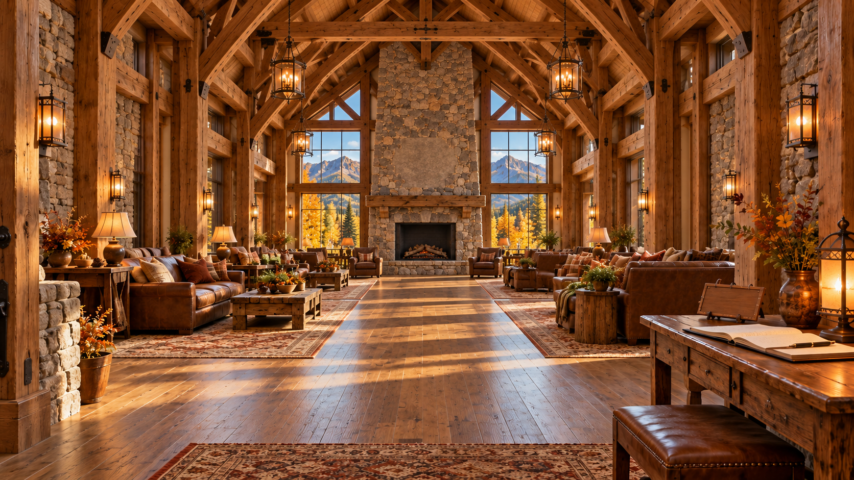 A substantially deeper mountain Lodge great room, with a long central walkway through repeated timber bays to the far-end fireplace, leather seating, and a wooden desk on the right near the entrance