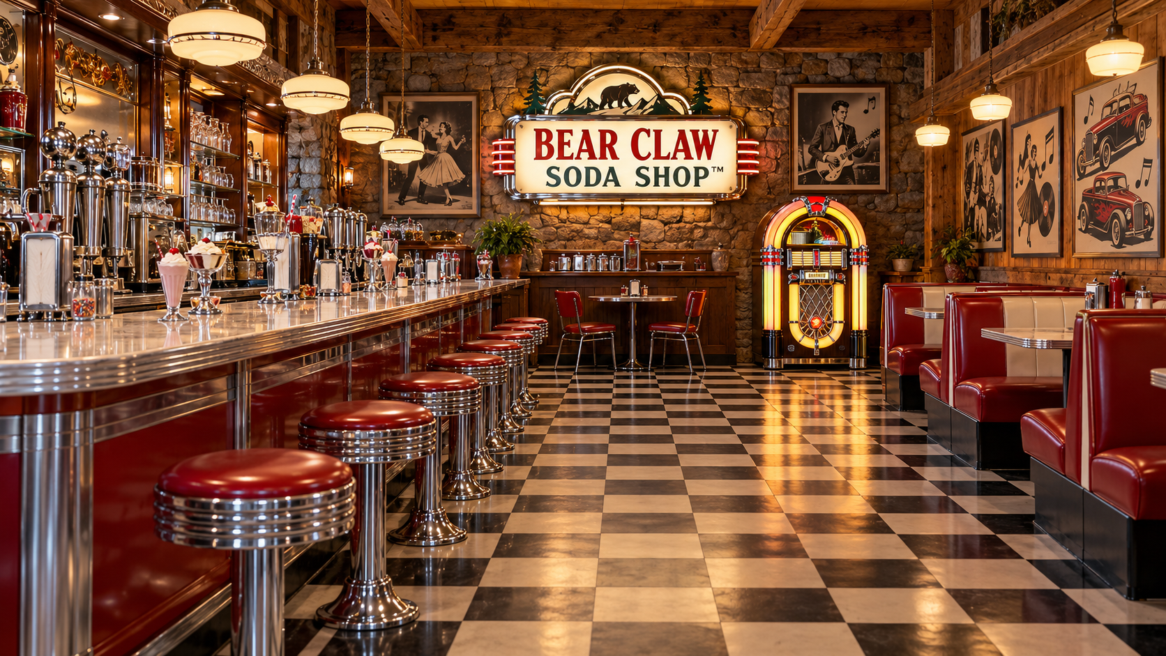 Bear Claw Soda Shop, a 1950s soda fountain inside the Lodge: long polished counter, chrome stools, milkshakes and sundaes, red and cream diner booths, checkerboard floor, original illuminated sign, and a classic jukebox
